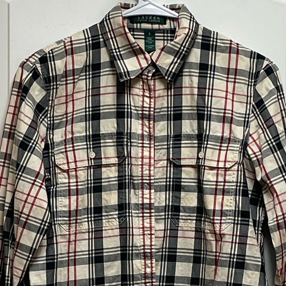 Ralph Lauren Sz Small Plaid Button Down Shirt Black Red Cream Western Preppy